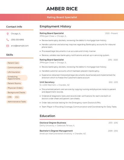 Rating Board Specialist Resume