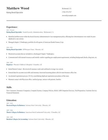 Rating Board Specialist Resume