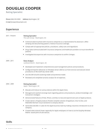 Rating Specialist Resume
