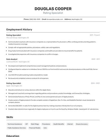 Rating Specialist Resume