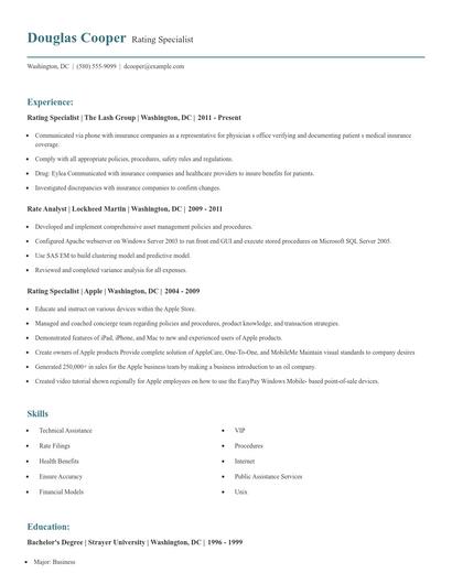 Rating Specialist Resume