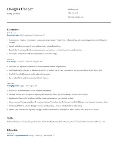 Rating Specialist Resume
