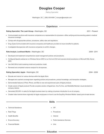 Rating Specialist Resume