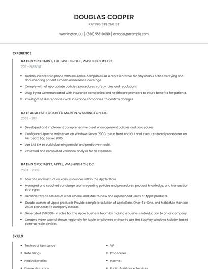 Rating Specialist Resume