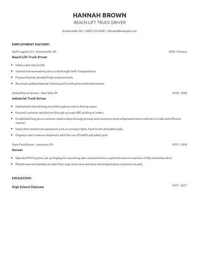 Reach-Lift Truck Driver Resume