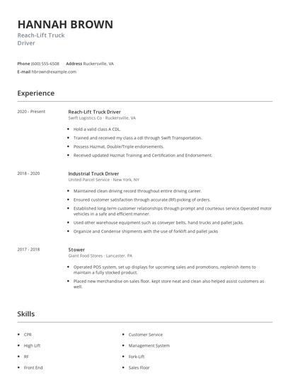 Reach-Lift Truck Driver Resume