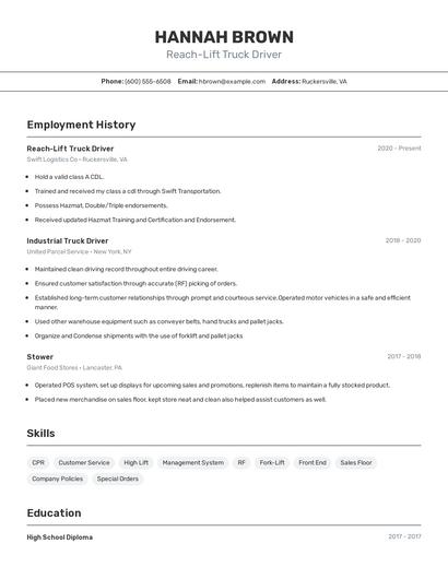 Reach-Lift Truck Driver Resume