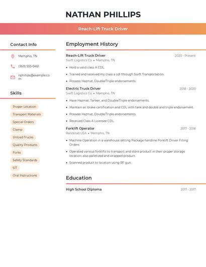 Reach-Lift Truck Driver Resume