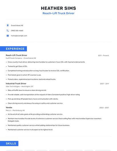 Reach-Lift Truck Driver Resume