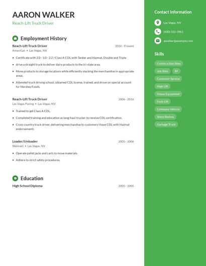 Reach-Lift Truck Driver Resume
