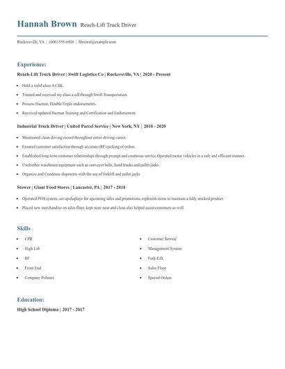 Reach-Lift Truck Driver Resume