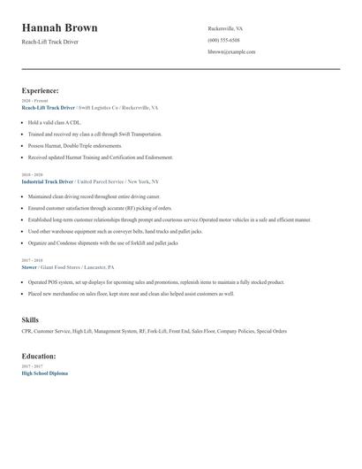 Reach-Lift Truck Driver Resume