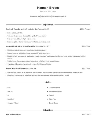 Reach-Lift Truck Driver Resume