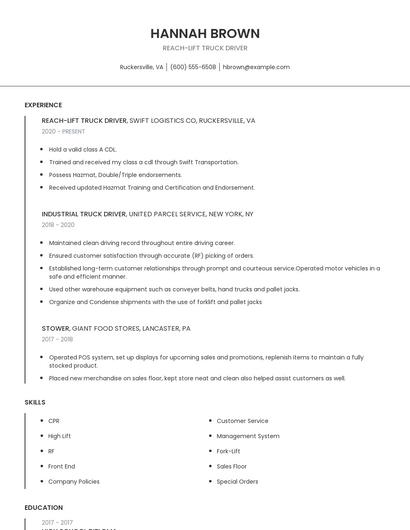 Reach-Lift Truck Driver Resume