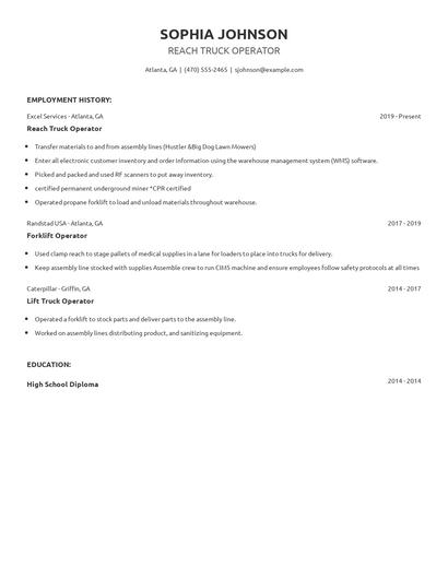 Reach Truck Operator Resume