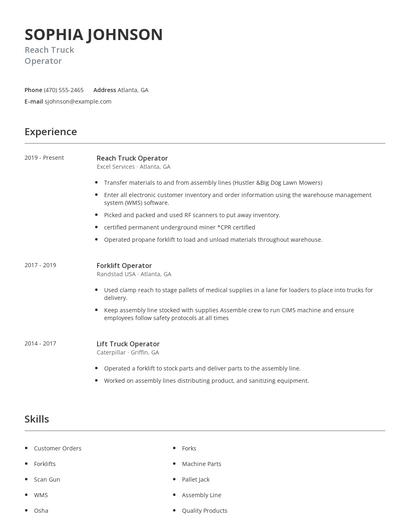 Reach Truck Operator Resume