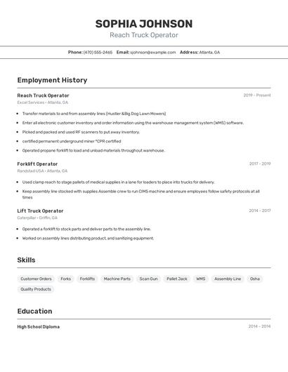 Reach Truck Operator Resume