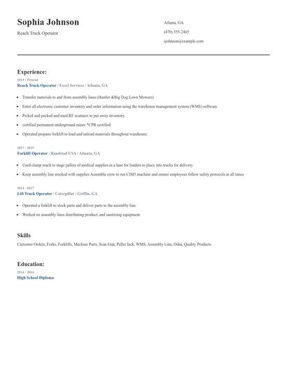 Reach Truck Operator Resume