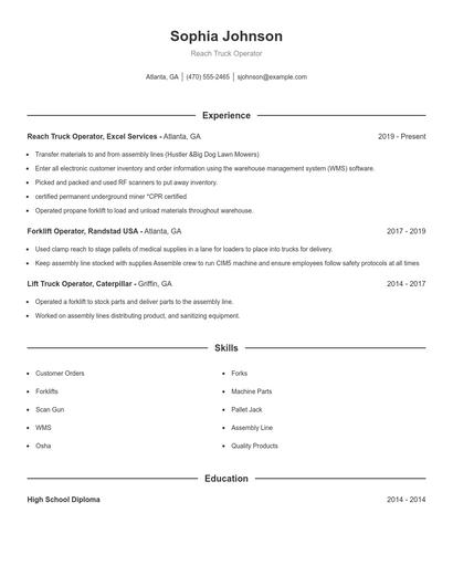 Reach Truck Operator Resume