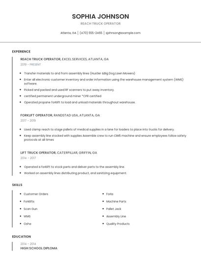 Reach Truck Operator Resume