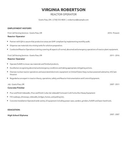 Reactor Operator Resume