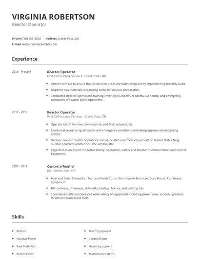 Reactor Operator Resume