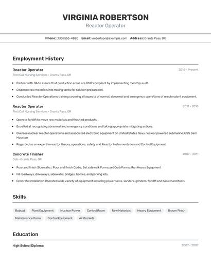 Reactor Operator Resume