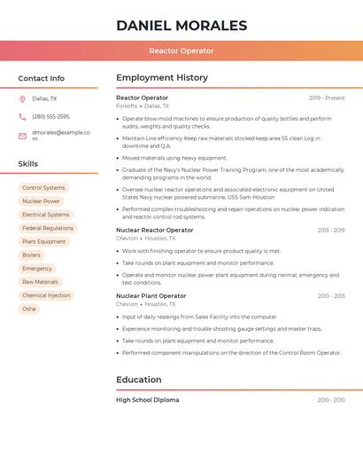 Reactor Operator Resume