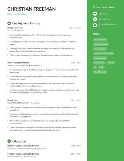 Reactor Operator Resume