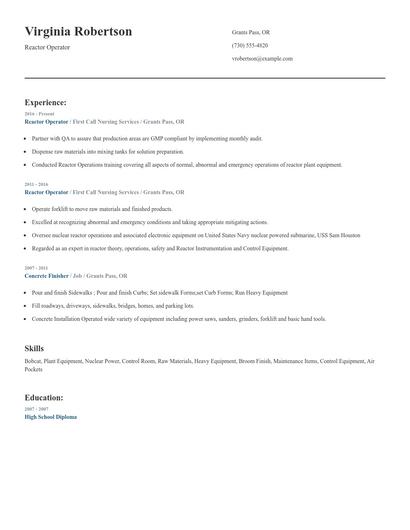 Reactor Operator Resume