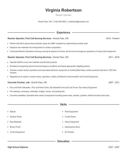 Reactor Operator Resume