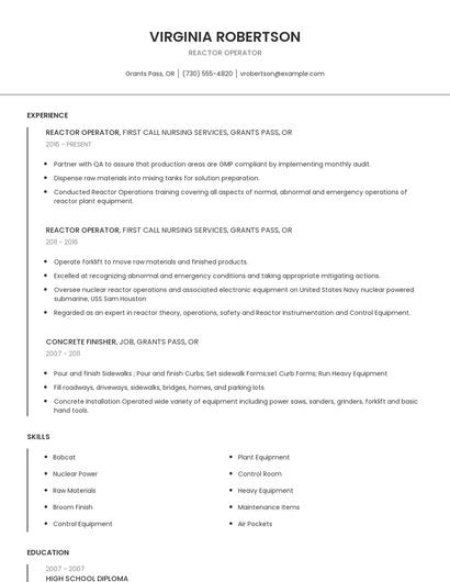 Reactor Operator Resume