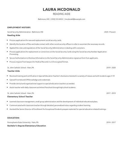 Reading Aide Resume