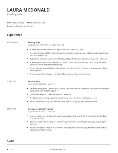 Reading Aide Resume
