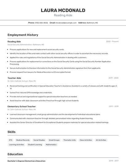 Reading Aide Resume