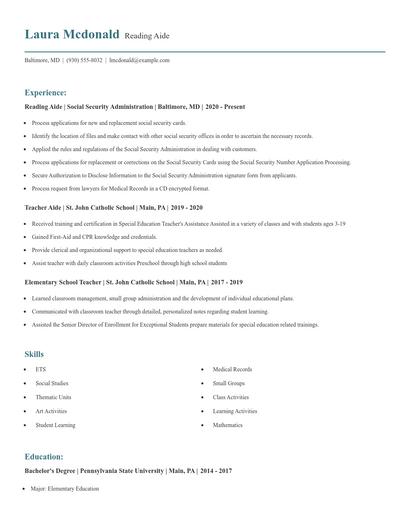 Reading Aide Resume