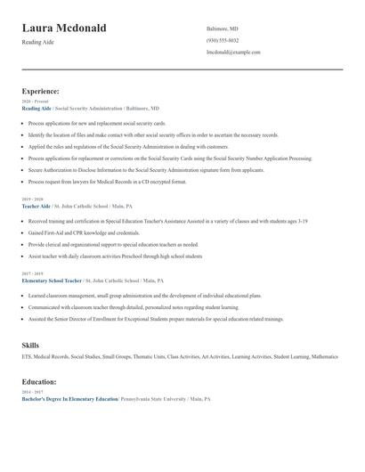 Reading Aide Resume