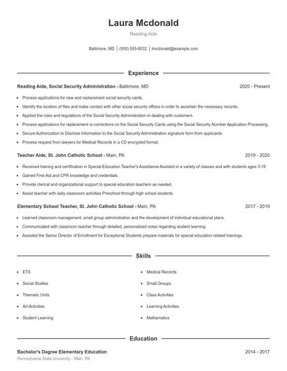 Reading Aide Resume