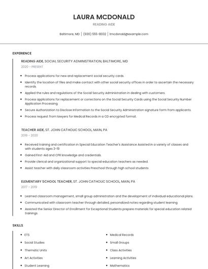 Reading Aide Resume