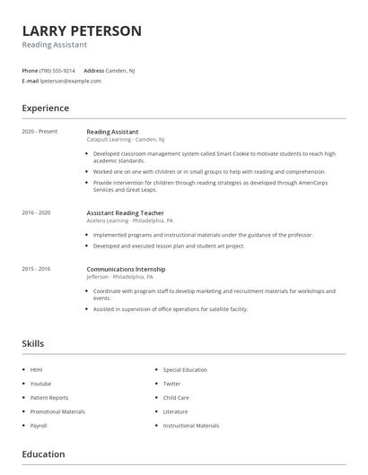 Reading Assistant Resume
