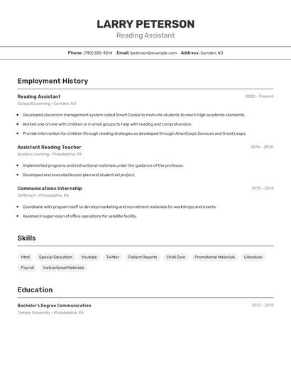 Reading Assistant Resume