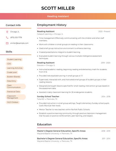 Reading Assistant Resume