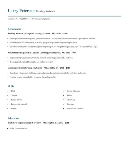 Reading Assistant Resume