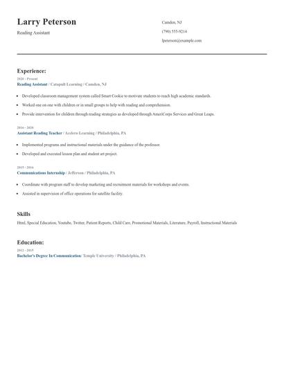 Reading Assistant Resume