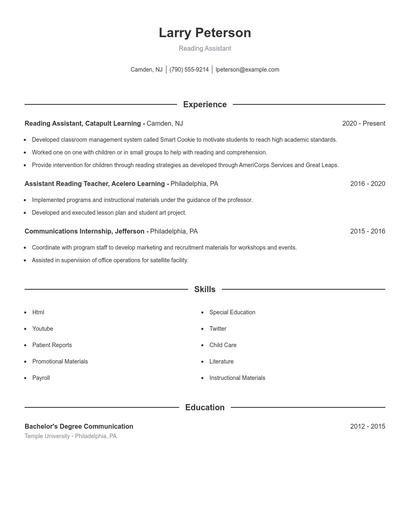 Reading Assistant Resume