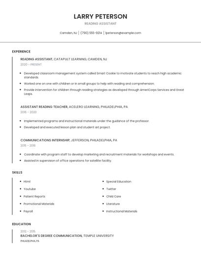 Reading Assistant Resume