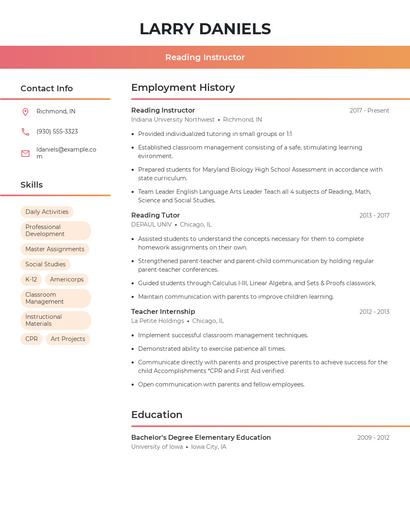Reading Instructor Resume
