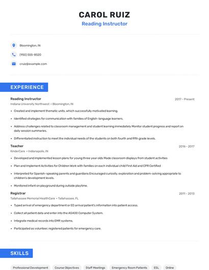 Reading Instructor Resume