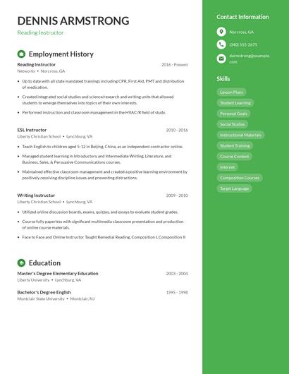 Reading Instructor Resume