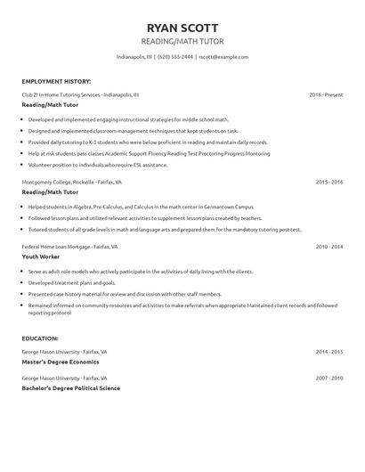 Reading/Math Tutor Resume